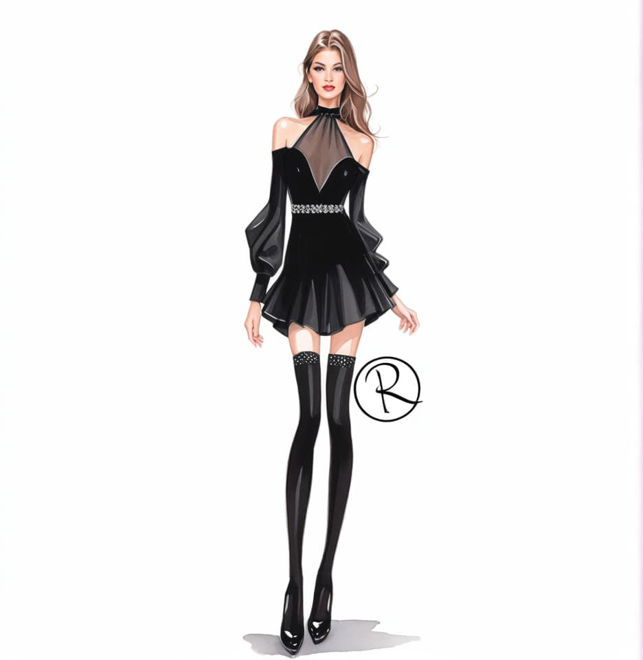  woman fashion illustration, wearing black short dress with swarowky and wide neckline.