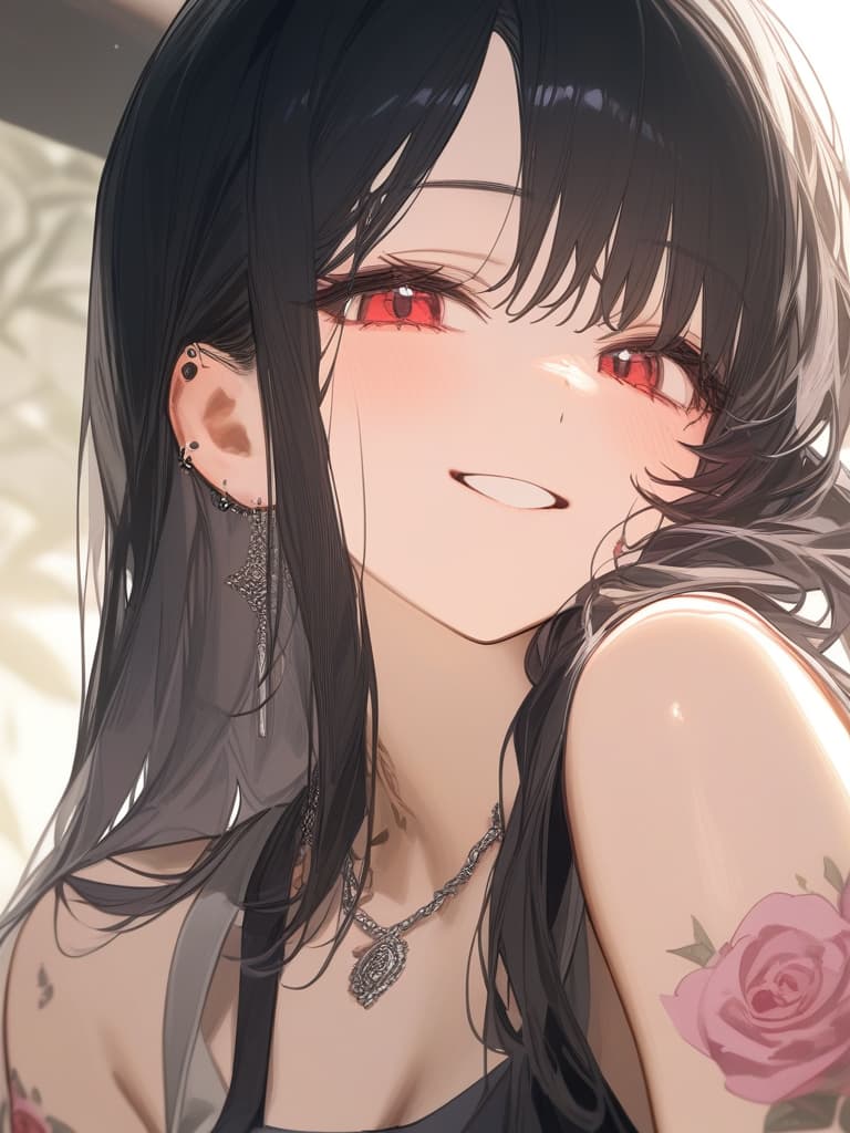  long hair, black hair, hair tips are pink, red eyes, hanging, bangs, and length of bangs, adults, adult faces, piercings, necklaces, hair are light pink and black, thin makeup on the arm. there is a rose tattoo, a rose tattoo on your arm, smiling, masterpiece, best quality,8k,ultra detailed,high resolution,an extremely delicate and beautiful,hyper detail