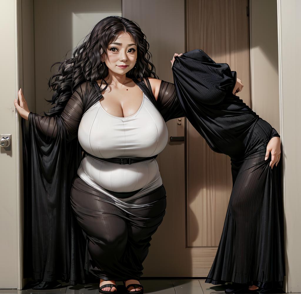  profile view, big , wearing a black dress, standing ly in a doorway, , curly hair, wide hips, bbw, obese, chubby face, granny, old lady, fat lady, huge s, mive s, high definition, high resolution, high quality, photorealistic, hyper realistic, dynamic shadows, (cyberpunk:1.15)