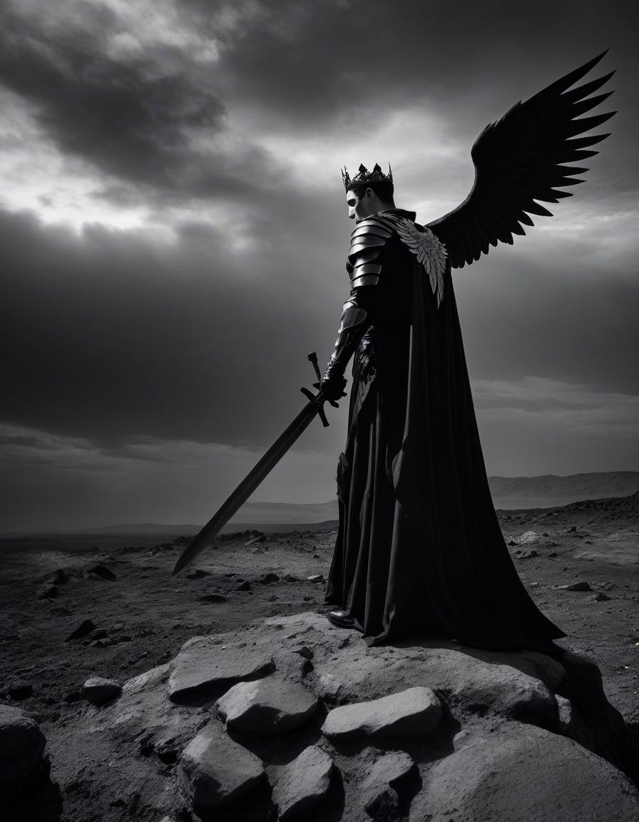  film noir style kneeling lucifer, with ragged wings, with white skin, in black armor, in a black crown, with black obsidian eyes, looks up, fiery tears flow from his eyes, stands on a rock in the middle of a gray wasteland, looks into the fiery sky, in front of him is a broken spear. . monochrome, high contrast, dramatic shadows, 1940s style, mysterious, cinematic