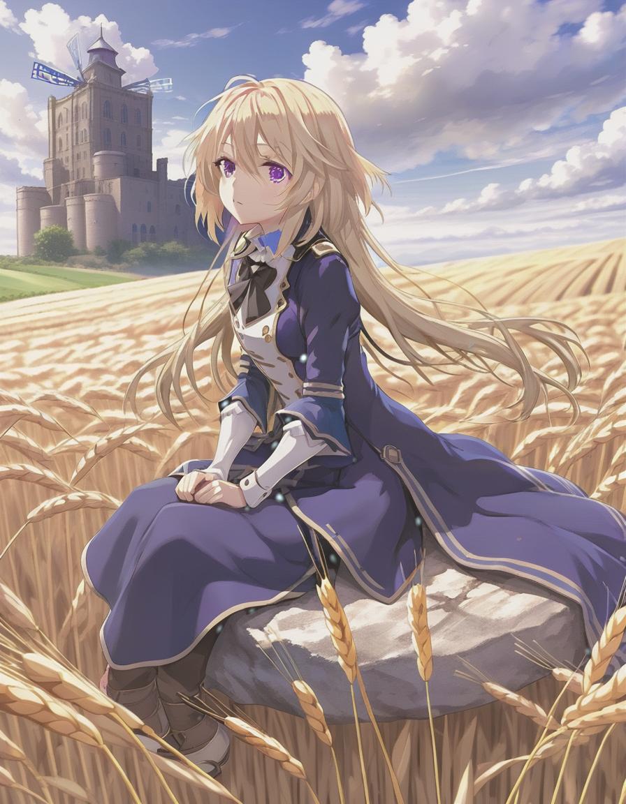  anime artwork violet evergarden. in a purple cloth and medieval clothing, he sits on the edge of a stone and looks out into the distance at fields of wheat and a spinning mill. . anime style, key visual, vibrant, studio anime, highly detailed