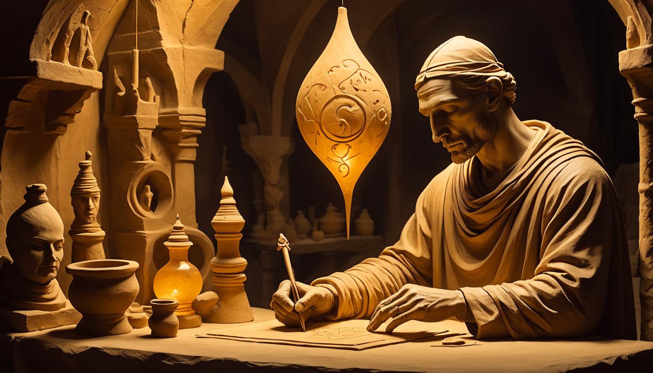  on parchment, surrealism+++, a serene, divine figure sculpting a person from clay, set in a dimly lit, mystical workshop, soft amber light, creation, divine intervention, solitude(mysterious, provocative, symbolic,muted color)+++