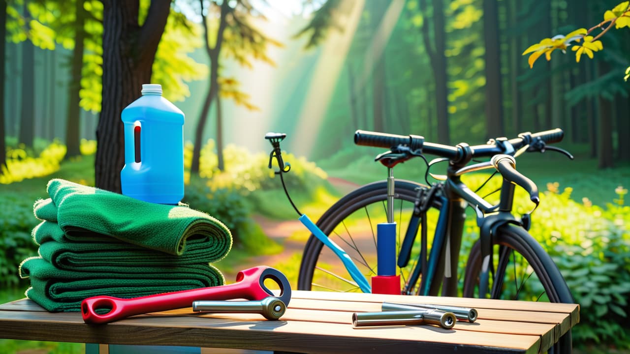  a well organized bike maintenance station featuring tools like wrenches, lubricants, and cleaning rags, alongside a gleaming bicycle propped up on a stand, surrounded by pristine nature, showcasing a sunny day and green foliage. hyperrealistic, full body, detailed clothing, highly detailed, cinematic lighting, stunningly beautiful, intricate, sharp focus, f/1. 8, 85mm, (centered image composition), (professionally color graded), ((bright soft diffused light)), volumetric fog, trending on instagram, trending on tumblr, HDR 4K, 8K