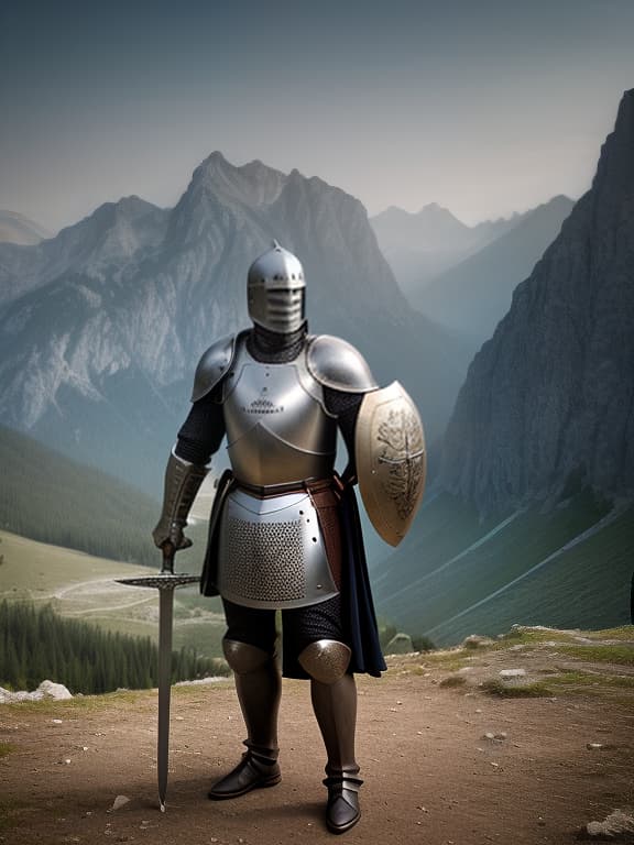  knight without a helmet with an open face with a sword in his hand against the background of the mountains