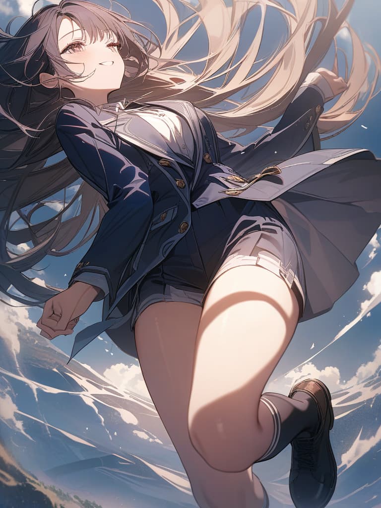  smile girl, dark blue blazer, uniform, mini , long hair, cute, dark blue high socks, masterpieces, fluctuations in the wind, jumping, masterpiece, best quality,8k,ultra detailed,high resolution,an extremely delicate and beautiful,hyper detail