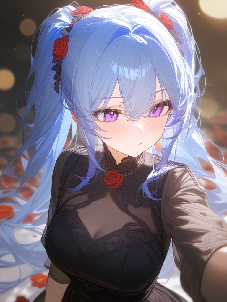  twin tails, purple eyes, red flowers, black dress, light blue hair, masterpiece, best quality,8k,ultra detailed,high resolution,an extremely delicate and beautiful,hyper detail