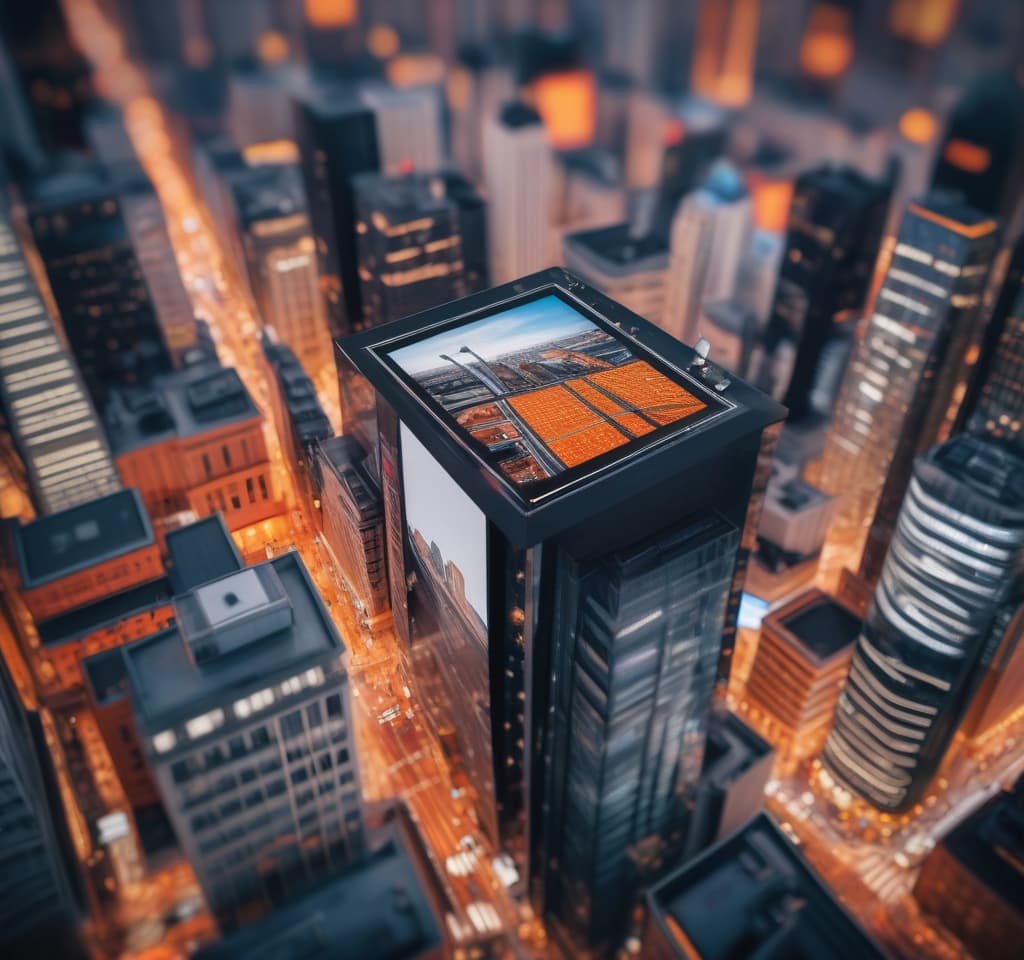  tilt shift photo of digital screen on a large building in the city, in orange black . selective focus, miniature effect, blurred background, highly detailed, vibrant, perspective control