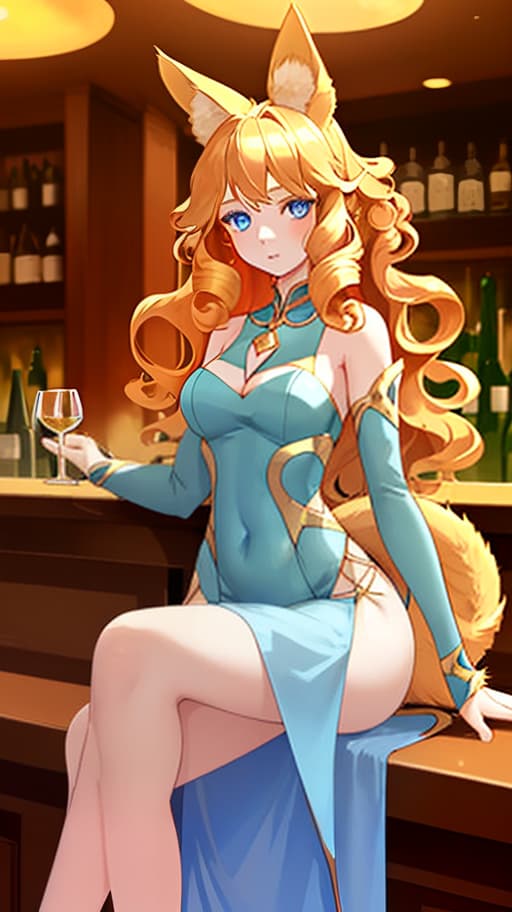  a girl with ears and tail, with golden curls and blue eyes, in a tight dress with a beautiful figure, sitting at the bar with an aperole