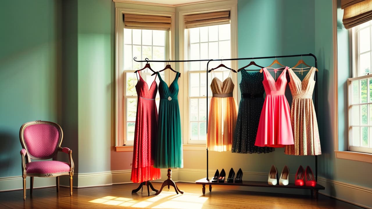  a close up of a beautifully arranged vintage clothing rack, showcasing a mix of vibrant, patterned dresses and retro accessories, with sunlight filtering through a nearby window, casting soft shadows on the wooden floor. hyperrealistic, full body, detailed clothing, highly detailed, cinematic lighting, stunningly beautiful, intricate, sharp focus, f/1. 8, 85mm, (centered image composition), (professionally color graded), ((bright soft diffused light)), volumetric fog, trending on instagram, trending on tumblr, HDR 4K, 8K