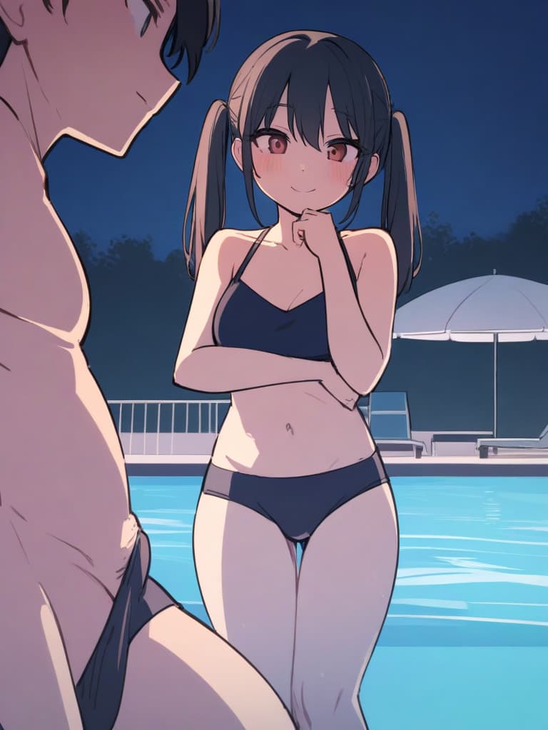  women's elementary students (male), twin tails, cute smiles, (rich s), short stature, dark blue swimwear, old swimwear, swimwear, simple, (bulging), upward, (bulge), front, whole body, pool side, pool side. ,,,