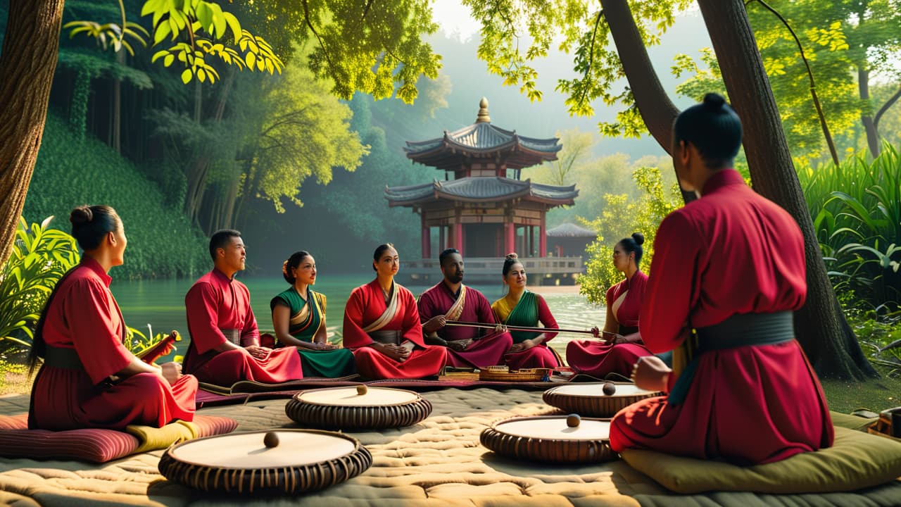  a vibrant collage of diverse musicians playing traditional instruments in various sacred settings: a serene forest, a sunlit temple, a bustling village square, and a tranquil lakeside, each scene reflecting unique cultural attire and expressions. hyperrealistic, full body, detailed clothing, highly detailed, cinematic lighting, stunningly beautiful, intricate, sharp focus, f/1. 8, 85mm, (centered image composition), (professionally color graded), ((bright soft diffused light)), volumetric fog, trending on instagram, trending on tumblr, HDR 4K, 8K