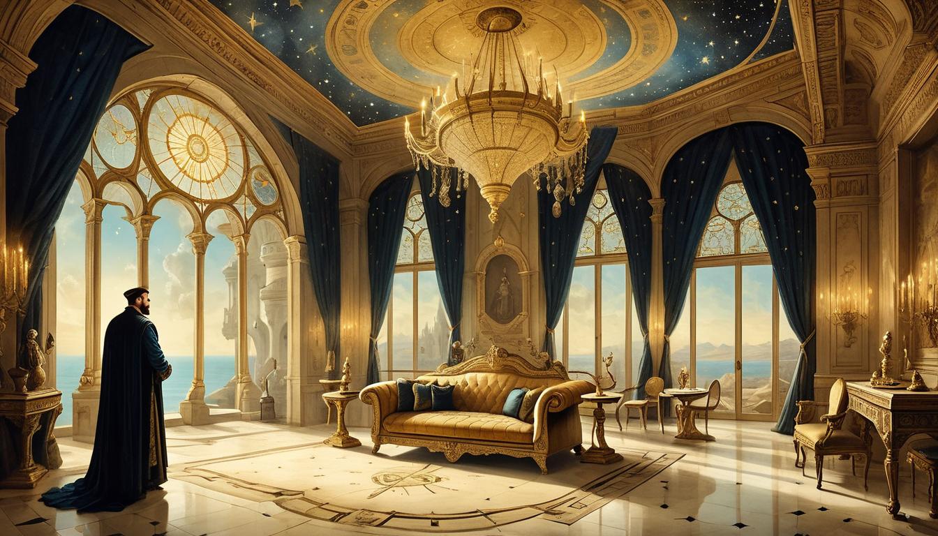  on parchment, surrealism+++, an opulent chamber with golden accents, few figures in regal attire, starry themed motifs, an air of exclusivity, prestigious, grand, enigmatic(mysterious, provocative, symbolic,muted color)+++