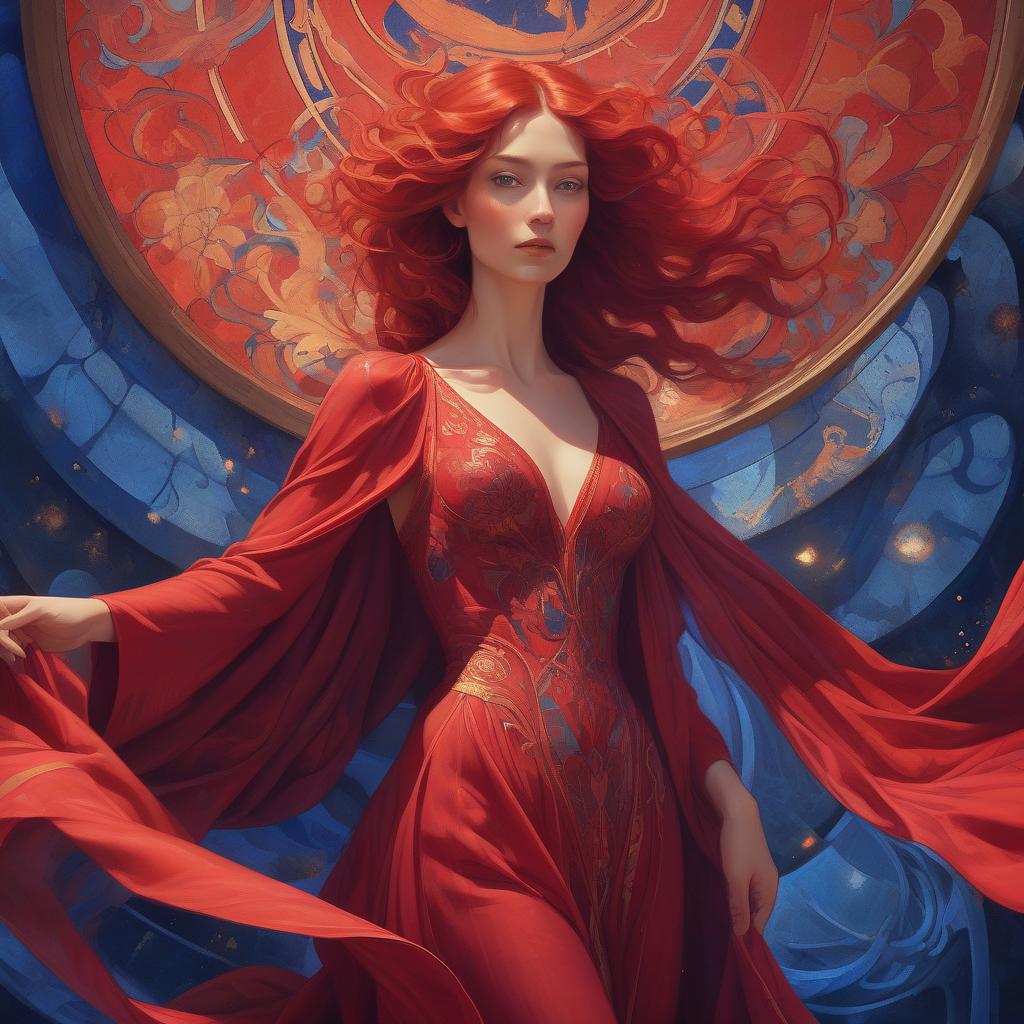  hyperrealistic art mage crimson (painting of a well endowed woman in a striking red dress), vibrant, flowing red hair, red cape draping elegantly, (deep blue psychedelic background), surreal forms and patterns intertwining, created in the style of alphonse mucha, rich color saturation, ethereal and dreamlike atmosphere, (intricate textures), visually captivating, 4k quality, poster art aesthetic. . extremely high resolution details, photographic, realism pushed to extreme, fine texture, incredibly lifelike