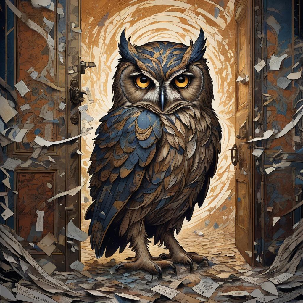  a hunting owl hunched over, surrounded by fragmented memories swirling around them like dust. a locked door with a painted message on it. tears streaming down their face, clutching a metaphorical cure. the owl silhouetted against a backdrop of chaos and destruction. a sense of resignation and acceptance in their posture. art nouveau style.