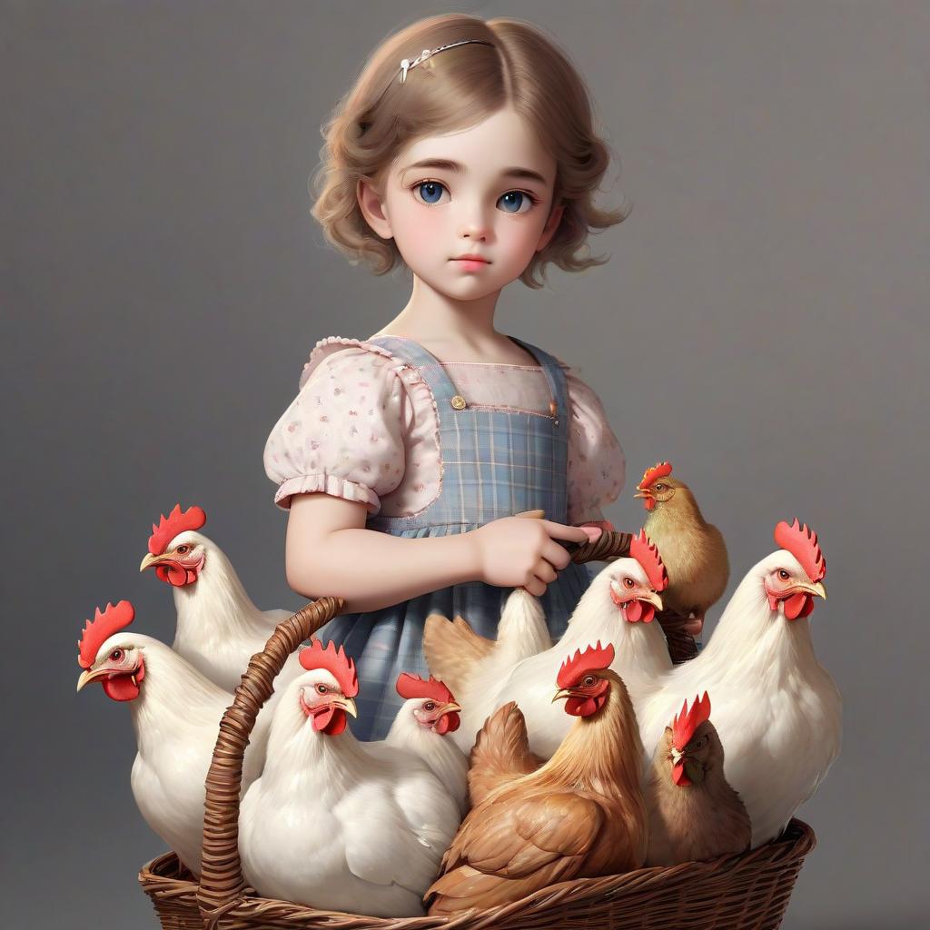  puffy girl holding a basket of chickens