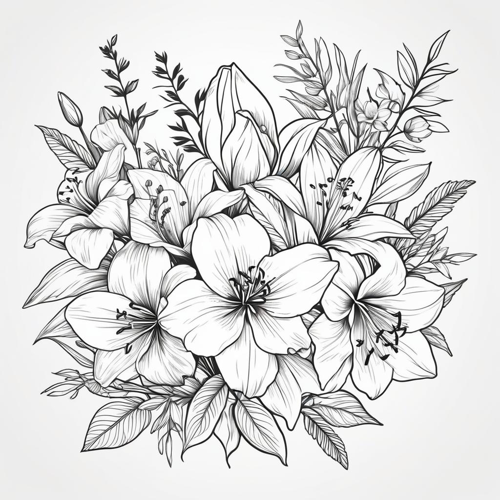  line art drawing lily, rose, larkspur, poppy, and narcissus in a bouquet fine line small black and white tattoo. professional, sleek, modern, minimalist, graphic, line art, vector graphics