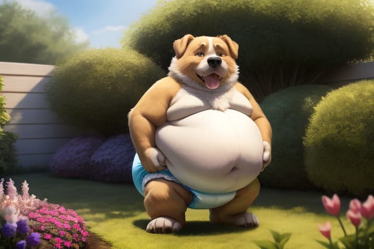  elderly, male, dog, overweight, round belly, wearing only a diaper, standing up, holding belly, outside in a garden, open eyes, masterpiece, 4k, fine details,