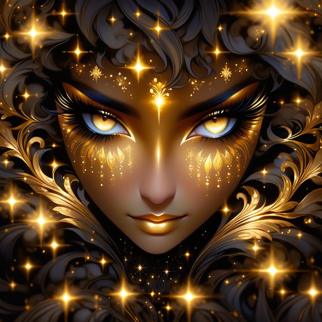  ethereal fantasy concept art of with irises as black as darkness itself and surrounded by a golden rim with eight thin golden spokes. (style):fantasy, fairy tale, eyes, golden sparks, gilding. (eye colour):black and gold, black and gilt. thin, fine fractal glitter bright look ink line sketch on black background, (pixie eye silhouette:1.3), eye outline outline, gilded outline, pixie eye with black iris. (eye colour):black and gold, black and gold plated. . magnificent, celestial, ethereal, painterly, epic, majestic, magical, fantasy art, cover art, dreamy