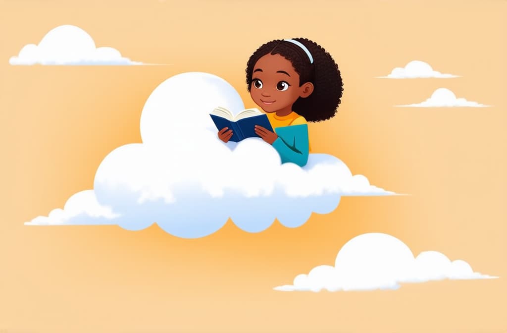  flat illustration, flaticon, (illustration:1.15), literary fan young african girl in the sky on a cloud reading a book. funny, abstract cartoon people on beige. 3d rendering. ar 3:2, [cory loftis, strobist, pascal campion :: 0.2]