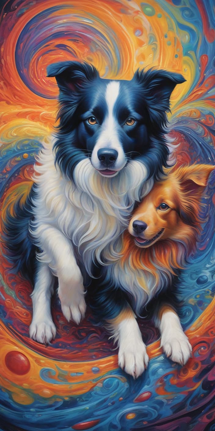  psychedelic style a masterpiece. (painting.) oil painting. the two border collie dogs intertwined as yin and yang. intense close up. bright colors. highly detailed strokes, clarity. fantasy, surrealist style: 1.5. . vibrant colors, swirling patterns, abstract forms, surreal, trippy