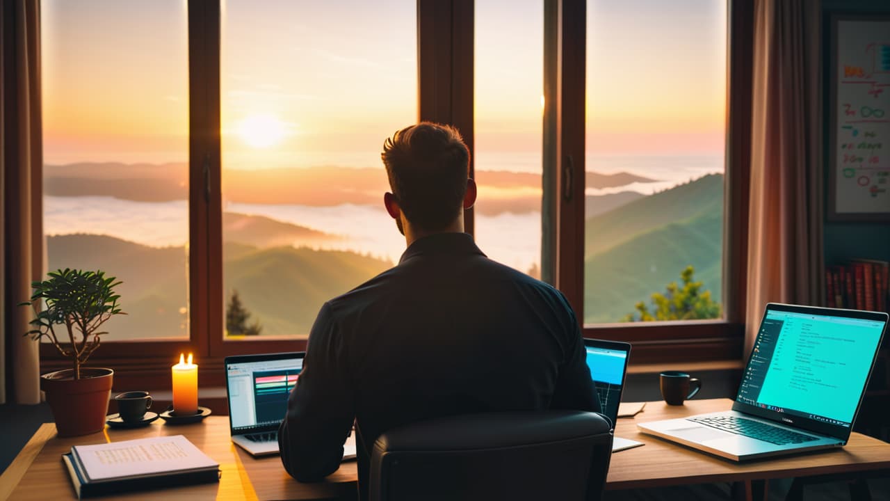  a serene workspace with a beginner trader, focused on a laptop displaying stock charts, colorful candlestick patterns, and graphs. sunlight filters through a window, illuminating a notebook filled with trading strategies and notes. hyperrealistic, full body, detailed clothing, highly detailed, cinematic lighting, stunningly beautiful, intricate, sharp focus, f/1. 8, 85mm, (centered image composition), (professionally color graded), ((bright soft diffused light)), volumetric fog, trending on instagram, trending on tumblr, HDR 4K, 8K