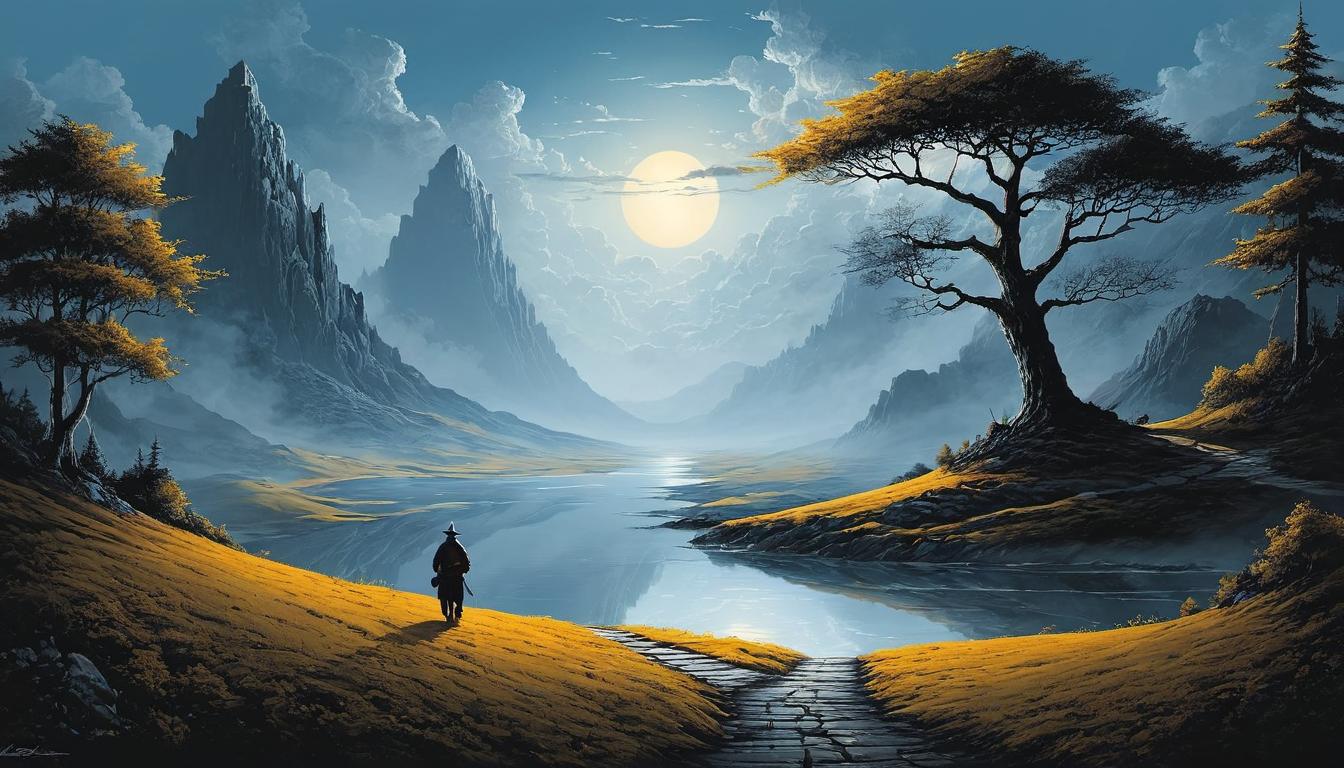  （surrealism)a lone traveler on a path, surroundings gradually transitioning from shadows to light, detailed landscape depicting a journey, perseverance mystic, intricate details, best quality)