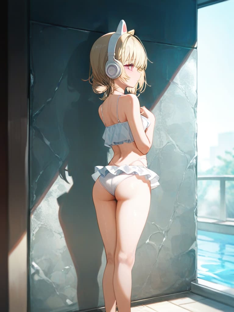  white swimwear, white headphones, blonde twin tails, pools, poses on the wall, pose to show your back, , foot, whole body, frill pare, snake tattoo on , masterpiece, best quality,8k,ultra detailed,high resolution,an extremely delicate and beautiful,hyper detail