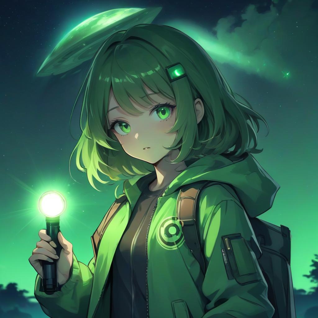  girl in anime style in a green jacket with a flashlight in her hands, green color, night, bright light, ufo in the sky