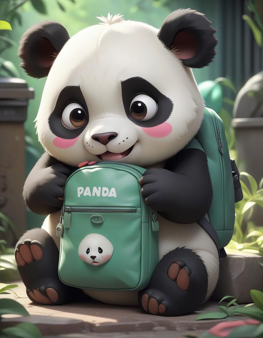  pokémon style a cartoonishly cute panda hugs one bag and sits next to the safe. . vibrant, cute, anime, fantasy, reminiscent of pokémon series