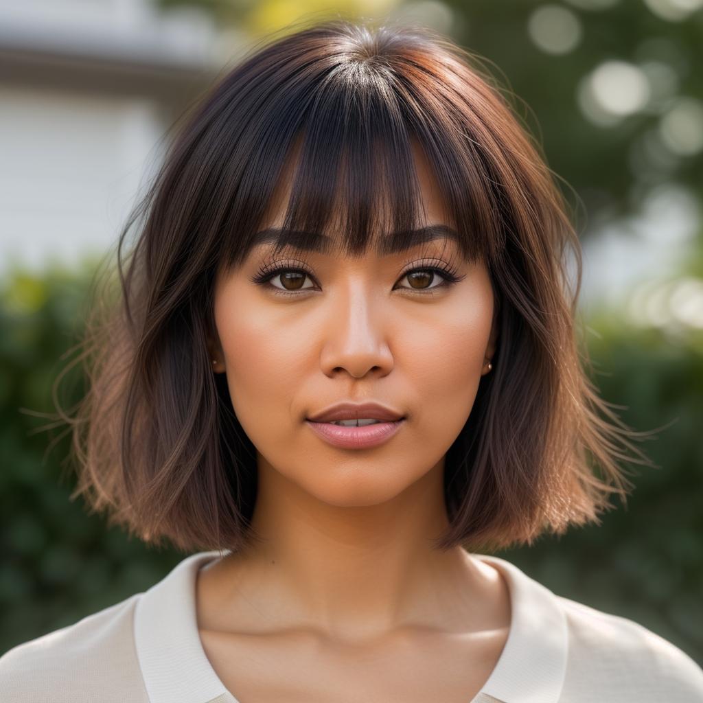  (((realistic full torso frontal head shot of a light tan skin tone woman))), kaede mio takahashi, ((japanese heritage)), immature face, hazel eye color, ((bangs hair style)), ((black hair color)), (( body type)), small size, small size, (immature round nose), (immature high cheekbones), (immature smooth jawline), (immature full lips), (immature medium forehead), (immature arched eyebrows), (immature defined chin), standing straight looking directly into the camera,((wearing fitted polo shirt with deep v neck and monogrammed pocket)), backyard in background, 1girl, best quality, highest quality, award winning photo, masterpiece, raw, professional photography, photorealism, sharp focus, cinematic, high resolution, sharp hyperrealistic, full body, detailed clothing, highly detailed, cinematic lighting, stunningly beautiful, intricate, sharp focus, f/1. 8, 85mm, (centered image composition), (professionally color graded), ((bright soft diffused light)), volumetric fog, trending on instagram, trending on tumblr, HDR 4K, 8K