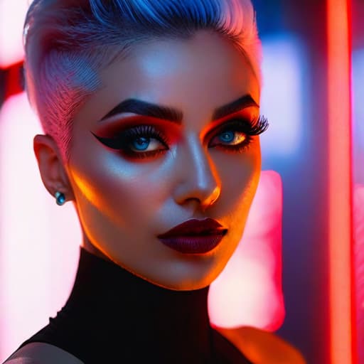  ultra realistic close up portrait ((beautiful pale cyberpunk female with heavy black eyeliner)), blue eyes, shaved side haircut, hyper detail, cinematic lighting, magic neon, dark red city, canon eos r3, nikon, f/1.4, iso 200, 1/160s, 8k, raw, unedited, symmetrical balance, in frame, 8k hyperrealistic, full body, detailed clothing, highly detailed, cinematic lighting, stunningly beautiful, intricate, sharp focus, f/1. 8, 85mm, (centered image composition), (professionally color graded), ((bright soft diffused light)), volumetric fog, trending on instagram, trending on tumblr, HDR 4K, 8K