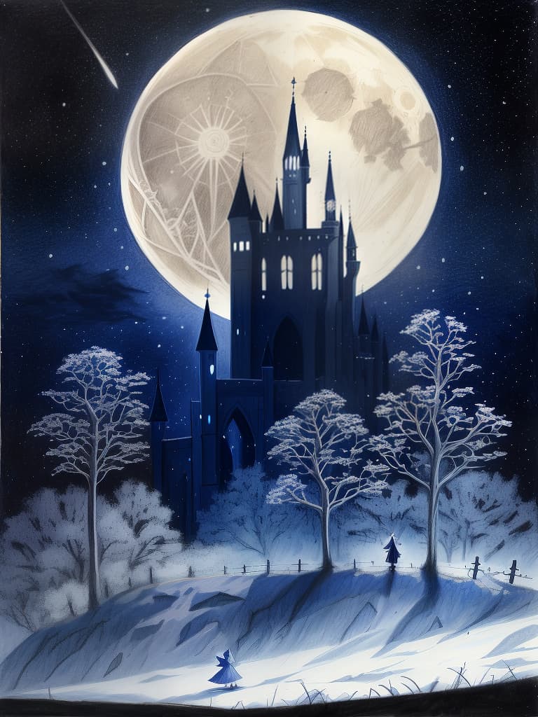  (drawing style,sketchbook drawing),midnight,night sky,full moon,castle in distance,roses,(little fairies: 1.4),small multiple pale lights,(colored pencil drawing giving soft impression throughout),super detailed,high resolution,absurd employed,