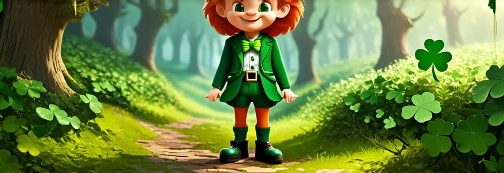  epic realistic, hyperdetailed, (cycles render:1.3), caustics, (glossy:0.58), (artstation:0.82),banner st. patrick's day. a little cartoon leprechaun with red hair in a green suit and a green hat stands on a forest path surrounded by shamrocks. design for postcards, flyers ar 3:1