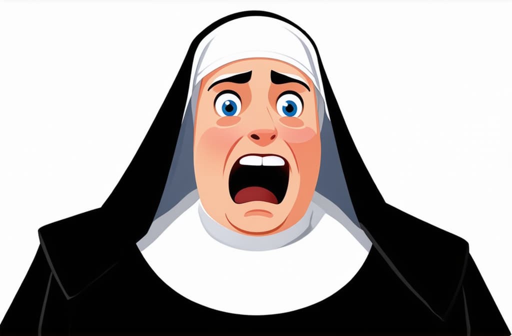  shocked surprised nun isolated on white background, funny cartoon illustration ar 3:2 {prompt}, maximum details