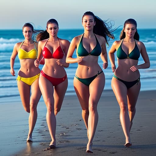  draw 5 girls running on the beach in swimwear hyperrealistic, full body, detailed clothing, highly detailed, cinematic lighting, stunningly beautiful, intricate, sharp focus, f/1. 8, 85mm, (centered image composition), (professionally color graded), ((bright soft diffused light)), volumetric fog, trending on instagram, trending on tumblr, HDR 4K, 8K