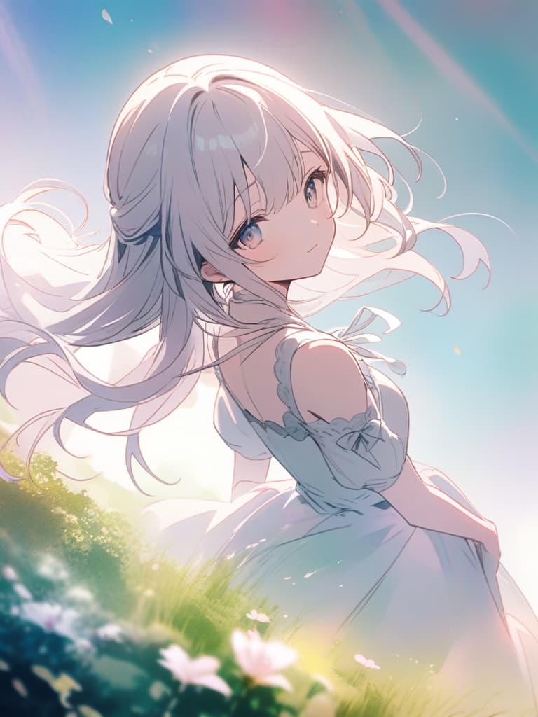  (one cute girl:1.3),(line art:1.3),(soft atmosphere:1.3),perfect anatomy,(a soft anime style image capturing a delicate and ephemeral atmosphere),enhance the anime screencap by adding a watercolor background,further elevating the dreamy and ethereal aesthetic. this scene,now rendered in 16k wallpaper resolution,merges the delicate beauty of the girl with pale skin and white hair with a soft,lush watercolor landscape. the big,intricately designed dress and her captivating eyes are set against a backdrop that mimics the fluid,blending colors of a watercolor painting,adding a layer of artistic depth and emotion. the perspective from above at a dutch angle,combined with the watercolor effect,creates a composition that feels like a floating,drea