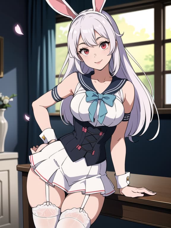  master piece, best quality, ultra detailed, highres, 4k.8k, a cute girl with white hair and red eyes., smiling and posing cutely., cute and charming., break a girl in sailor uniform and bunny ears., in a cute room with dappled sunlight., flowers, pastel colored frills, garter belt, corset., break flare lens, blurry background, sparkle., powder lights, petals, pastel colors., cyberpunkai