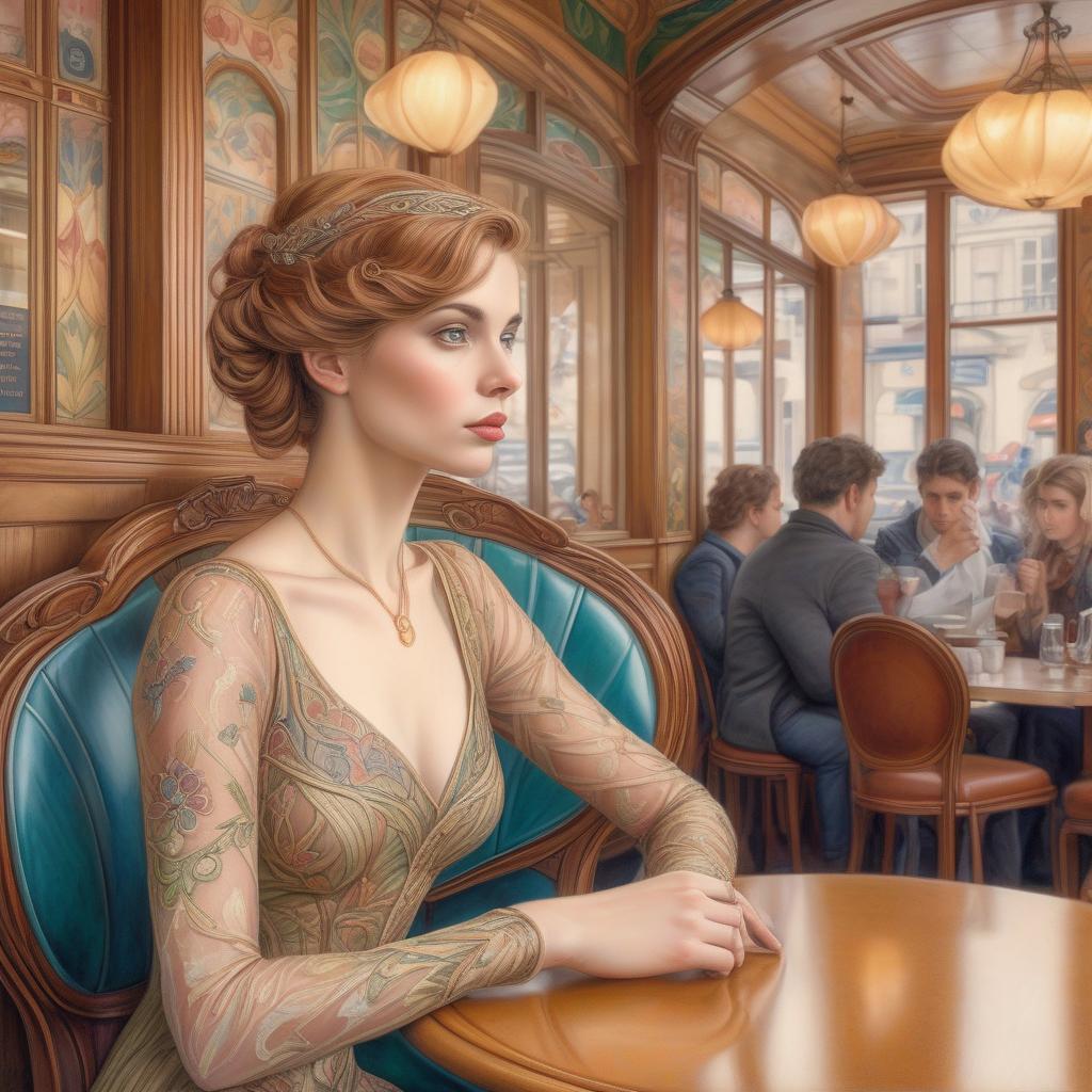  hyperrealistic art a decorative woman awaits her suitor in an art nouveau cafe setting.. colored pencil draw: art nouveau female portrait.. . extremely high resolution details, photographic, realism pushed to extreme, fine texture, incredibly lifelike