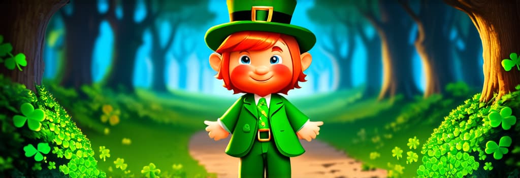  cinematic film style, banner st. patrick's day. a little cartoon leprechaun with red hair in a green suit and a green hat stands on a forest path surrounded by shamrocks. design for postcards, flyers ar 3:1, shallow depth of field, vignette, maximum details, high budget hollywood movie, bokeh, cinemascope, moody, epic, gorgeous, sun rays and shadows on furniture and surfaces, flattering light, raw photo, photography, photorealistic, 8k resolution, f1.4, sharpened focus, sharp focus