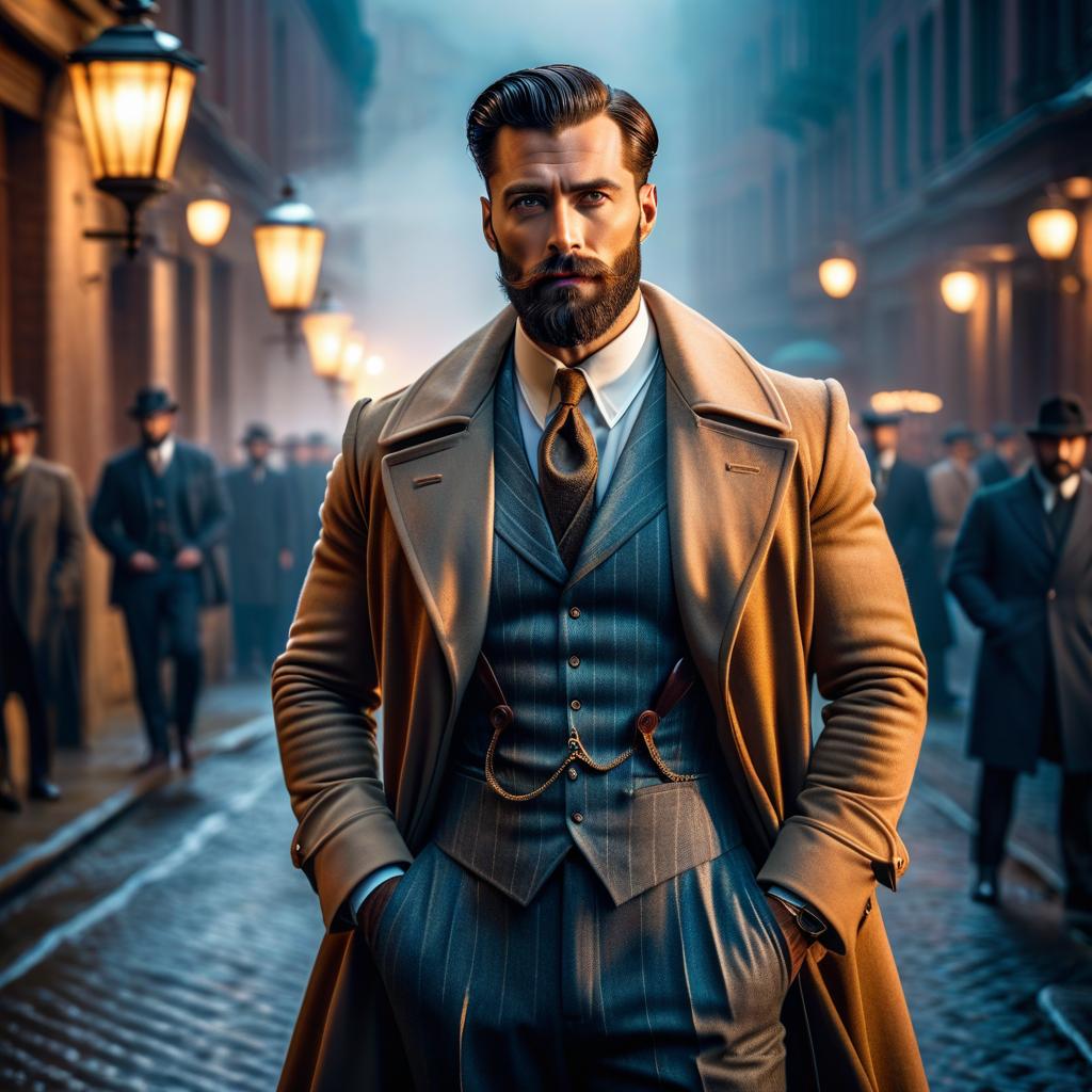  a young man with a beard detective 1920s hyperrealistic, full body, detailed clothing, highly detailed, cinematic lighting, stunningly beautiful, intricate, sharp focus, f/1. 8, 85mm, (centered image composition), (professionally color graded), ((bright soft diffused light)), volumetric fog, trending on instagram, trending on tumblr, HDR 4K, 8K