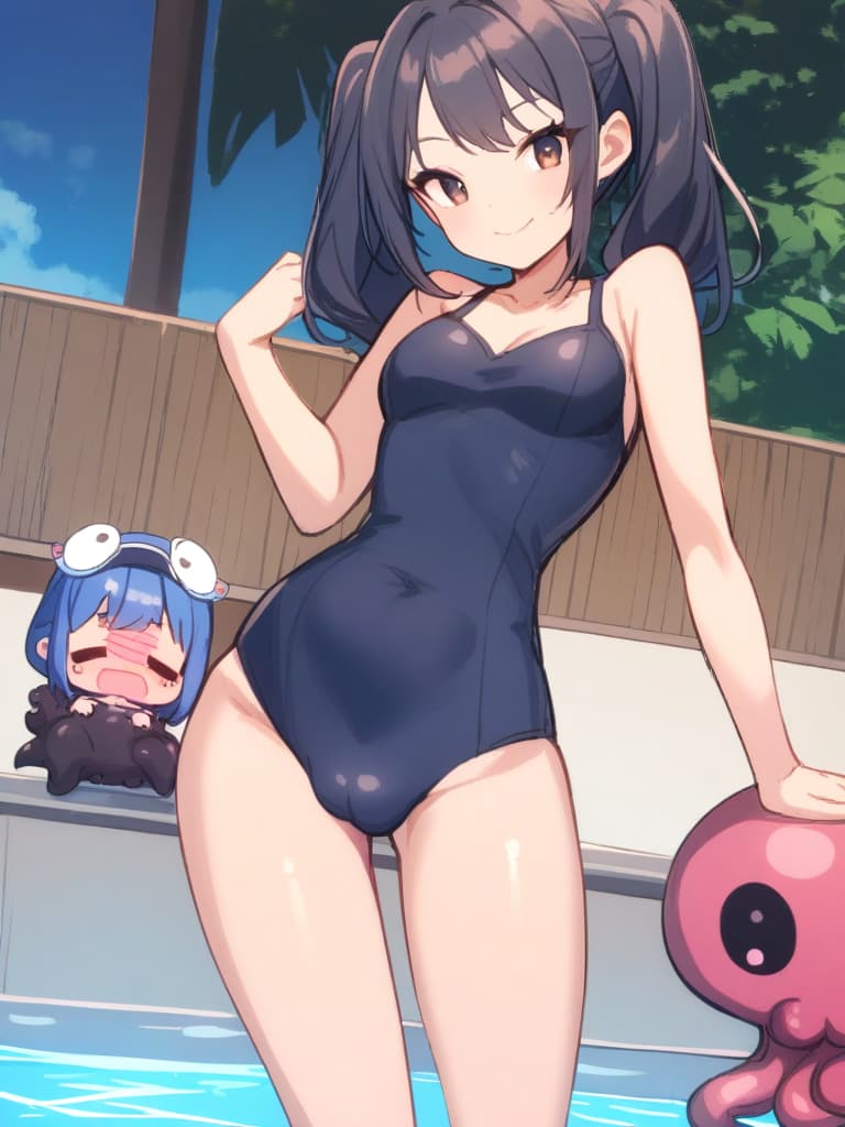  women's elementary students, twin tails, cute smiles, rich s, low stages, dark blue swimwear, old swimwear, swimwear, simple, male, shaped pulp, shaped area, shaped crisp phimosis,, octopus, male bulge, front, front, front. the whole body, pool side,