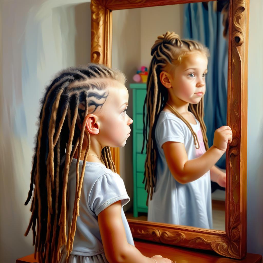  a little girl with dreadlocks in her hair looks in the mirror, a grown girl is reflected in the mirror, a side view,, oil painting