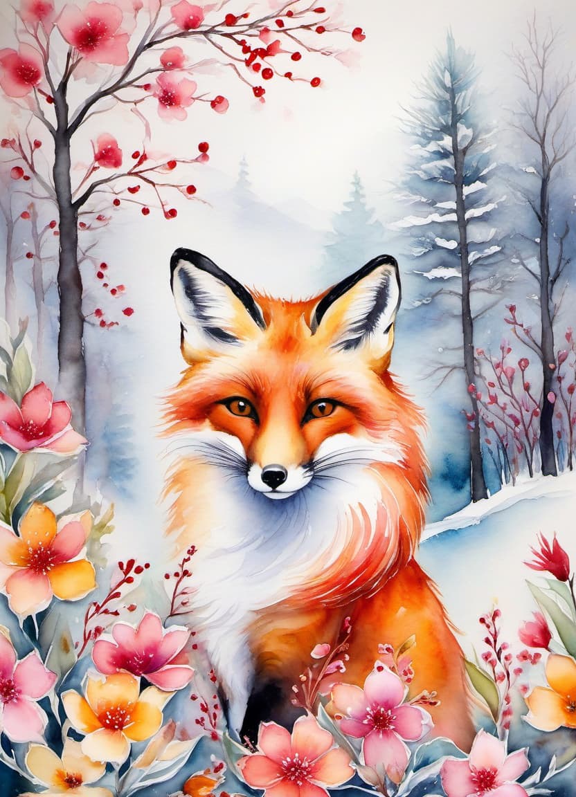  watercolor painting new year, a fox in a kimono, (double exposure: 1.4). (soft textured paper). alcohol ink of (bright) flowers. the incompleteness effect. tenderness of watercolors, winter clearing, winter, elegant tree, delicate colors. thin white lines. emotion. light relief pattern. . vibrant, beautiful, painterly, detailed, textural, artistic