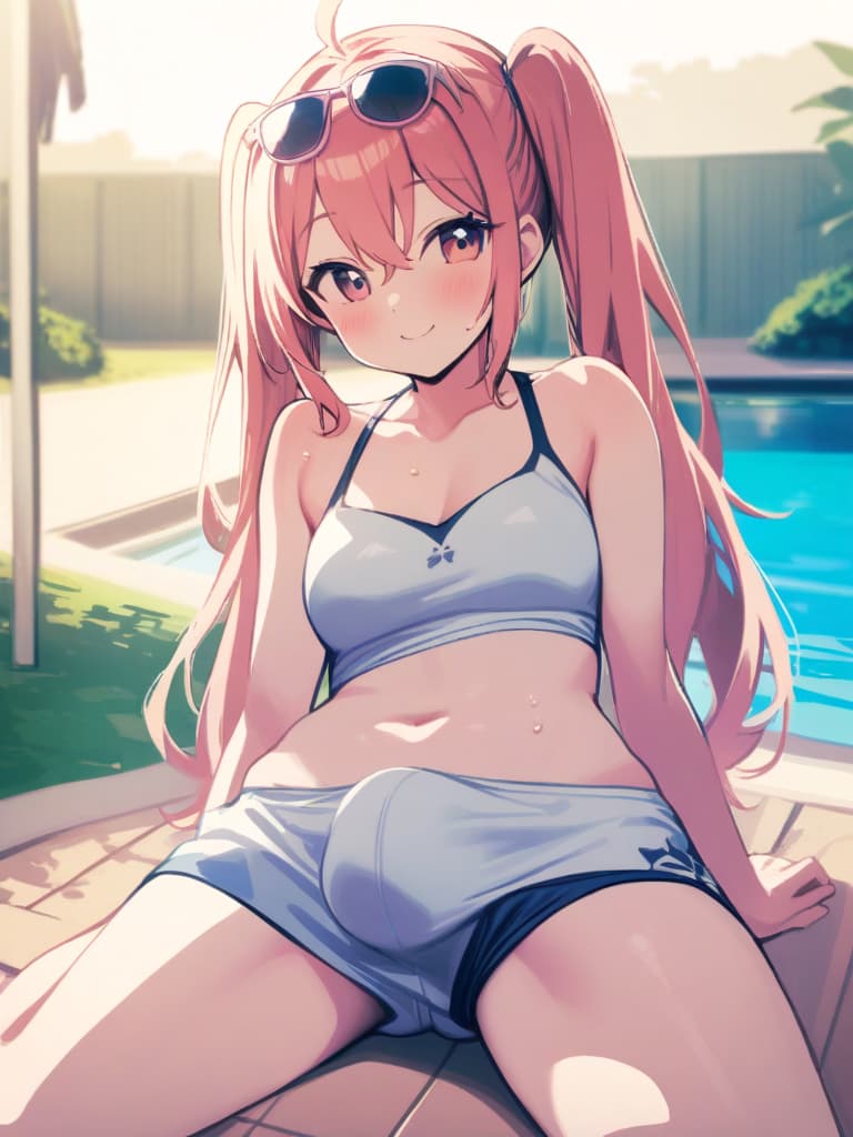  junior s, twin tails, cute smiles, swimwear, swimwear, s with , (shaped clear , bulge, phimosis), flirt, whole body, pool side,