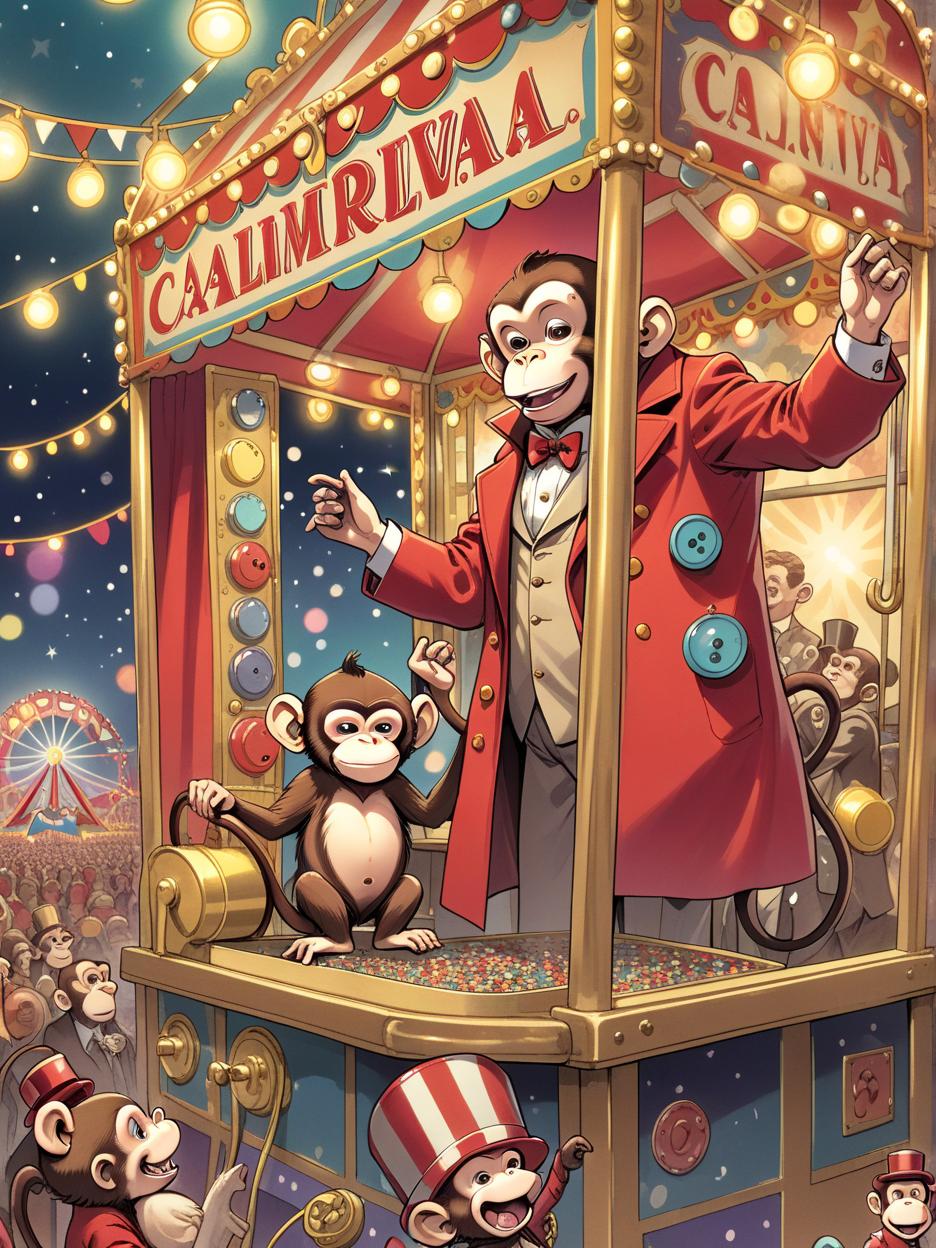  manga artwork a monkey with a coat covered in buttons operates a vintage carnival calliope. the background is that of a bustling, colorful carnival and circus, with a big top and performers and patrons. twinkle lights hang high above, casting a soft glow on the scene.. manga artist. manga, highly emotional. best quality, high resolution