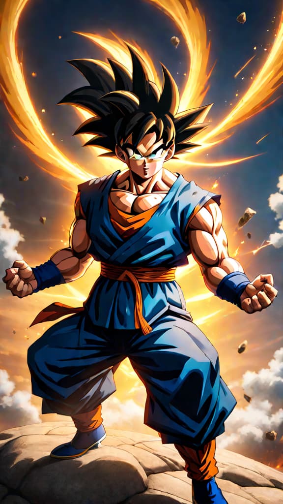  anime art: goku from dragon ball channeling ki energy into a vibrant kamehameha attack. hyperrealistic, full body, detailed clothing, highly detailed, cinematic lighting, stunningly beautiful, intricate, sharp focus, f/1. 8, 85mm, (centered image composition), (professionally color graded), ((bright soft diffused light)), volumetric fog, trending on instagram, trending on tumblr, HDR 4K, 8K