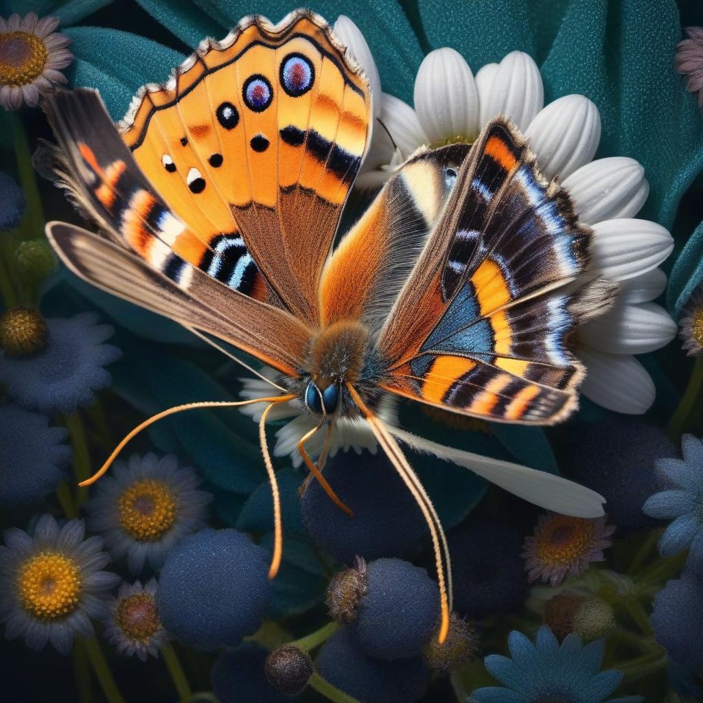  Butterfly "urticaria" on a daisy hyperrealistic, full body, detailed clothing, highly detailed, cinematic lighting, stunningly beautiful, intricate, sharp focus, f/1. 8, 85mm, (centered image composition), (professionally color graded), ((bright soft diffused light)), volumetric fog, trending on instagram, trending on tumblr, HDR 4K, 8K