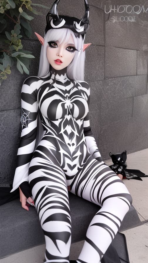  Black and White Spider-patterned body paint in every corner of the whole body, full-body, silver body paint, White face paint on the face,Dark elfs 女性