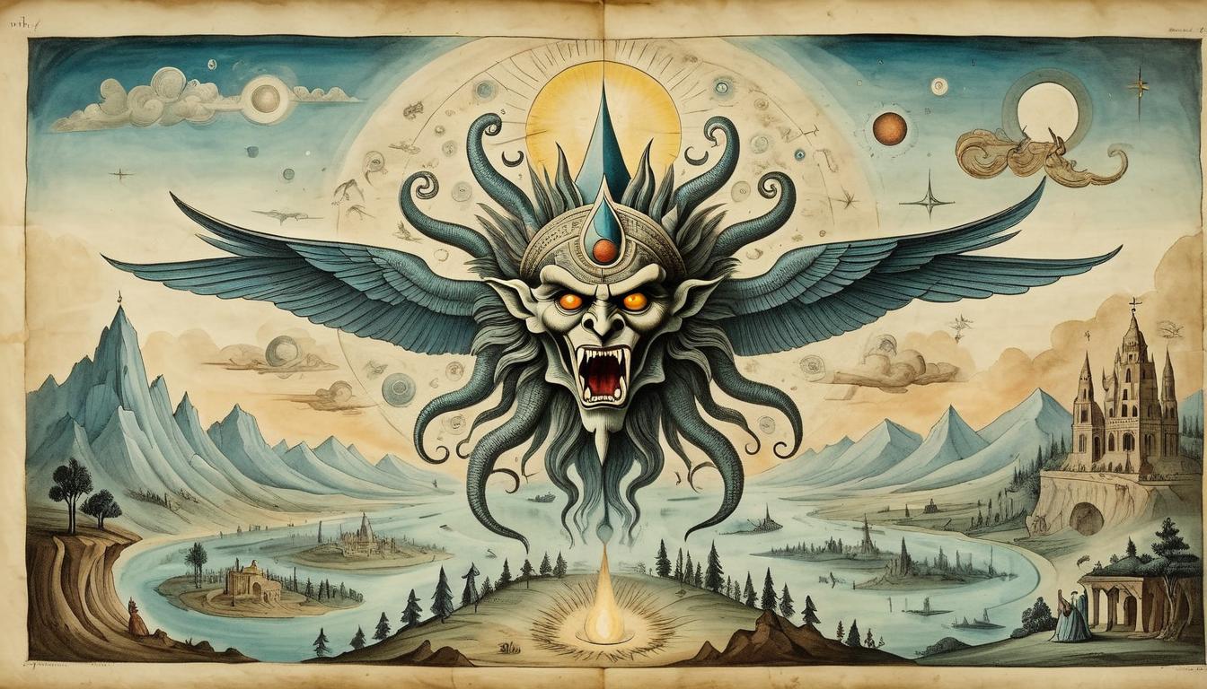  on parchment, surrealism+++, an ancient deity hovering above a landscape, deity emitting a powerful light, multiple eyes symbolizing vision, divine, transcendent imagery(mysterious, provocative, symbolic,muted color)+++