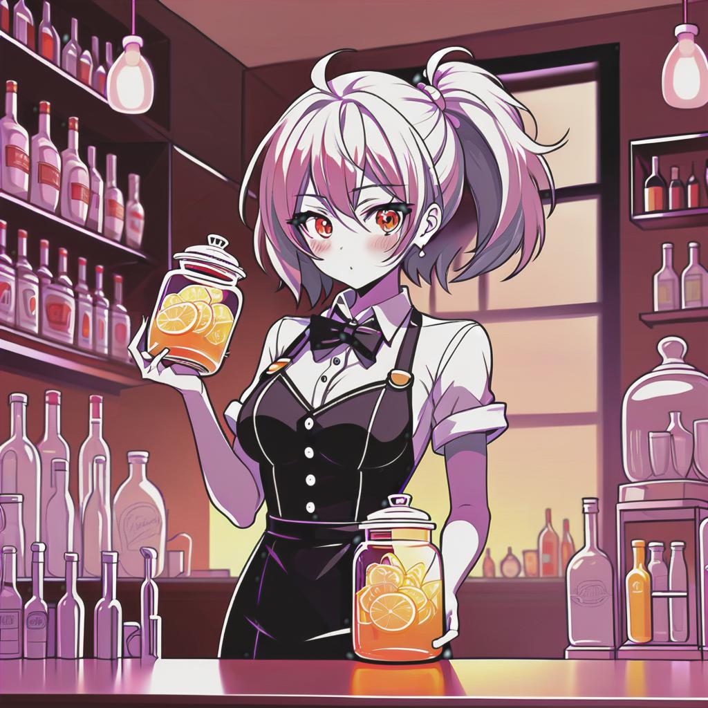  line art drawing bartender girl raise jar high, same nightmare. anime style . professional, sleek, modern, minimalist, graphic, line art, vector graphics